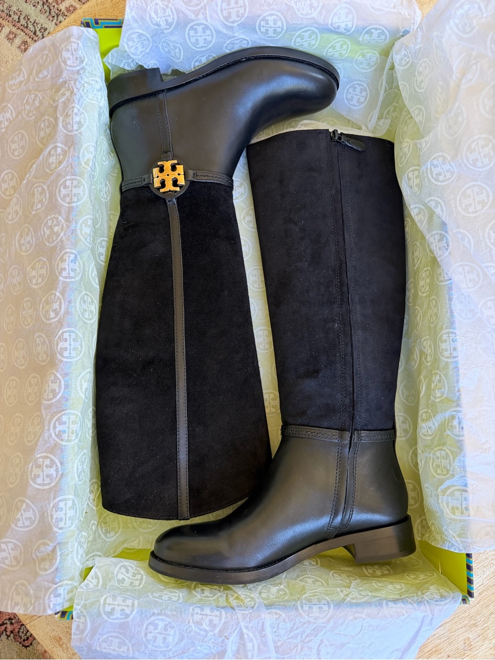 Tory Burch Miller 25mm Black Leather and Suede Knee Boots with Gold Logo